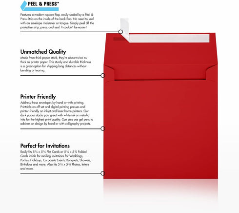 LUXPaper Square Invitation Envelopes | 6" x 6" | Ruby Red | Peel & Press | 80lb. Text | 50 Qty