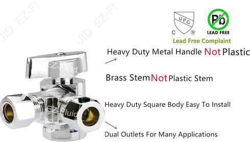 EZ-Fluid 1/2" Fip X 3/8"Comp X 3/8"Comp 1/4 Turn Dual Outlets Heavy Duty Chrome Brass Angle Stop Valve Water Shut Off Ball Valve (1) by EZ-FLUID