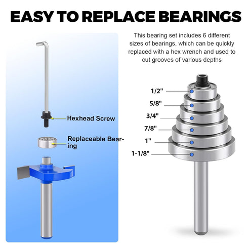 Mikniri 4 Set 1/4 Inch 6 Set, Pcs Rabbeting Router Bits Shank, Carbide Tipped Rabbet Router Bit with Bearings Router