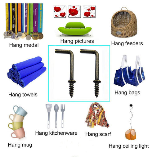 7/8" Antique Brass Ceiling Hooks, Vintage Bronze 7 Shape Right Angle Medal Hooks (40 Pack), 7/8 Inch L Shape Screw Hooks