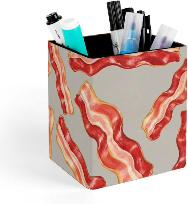 Meaudiwes Leather Pen Holder Stand Square Pencil Cup Desktop Stationery Organizer Food Bacon