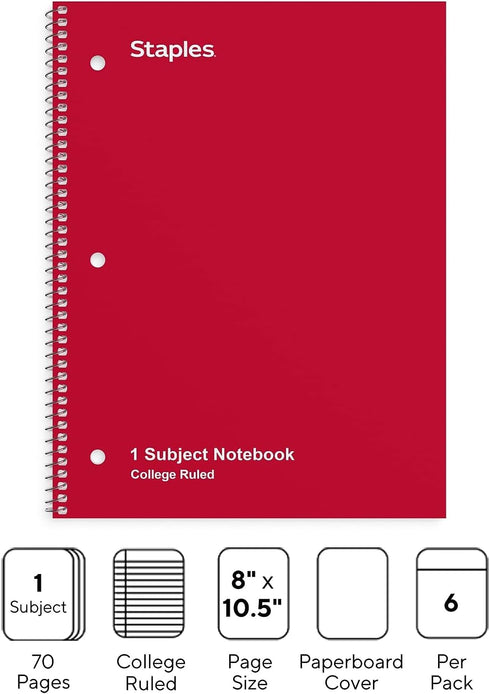 Staples 1-Subject Notebooks, 8" x 10.5", College Ruled, 70 Sheets, 6/Pack (ST58376C)