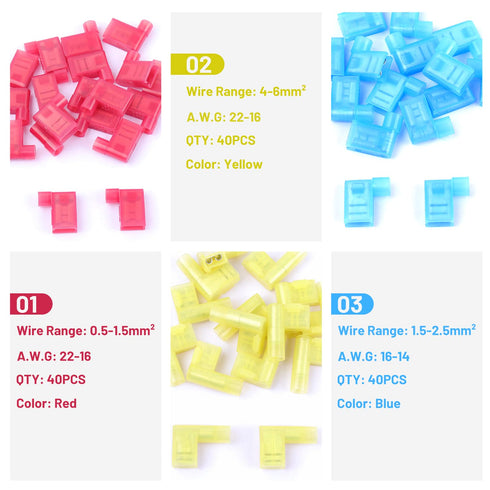 120PCS Nylon Insulated Flag Spade Quick Disconnects Wire Connectors, 90 Degree Electrical Female Crimp Terminals Assortment Kit AWG22-10