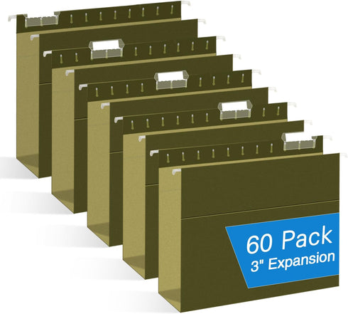 Extra Capacity Hanging File Folders, RAZCC 60 Pack Letter Size Reinforced Hanging Folders with 3 Inch Expansion, Green
