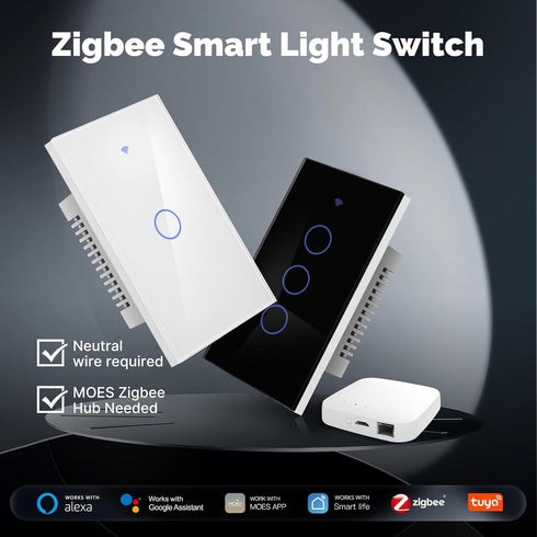 2 MOES Zigbee Smart Switch Gang, Require MOES Zigbee Hub and Neutral Wire, Double Inteligente Light Switch, Work as