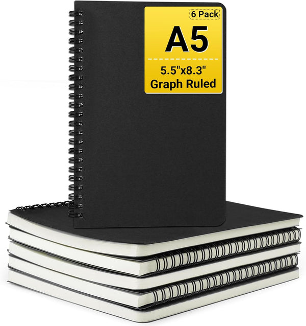 EUSOAR Graph Paper Notebook, A5 6Packs 5.5"x8.3" 120 Pages Hardcover Grid Paper Notebook Journals, Wirebound for