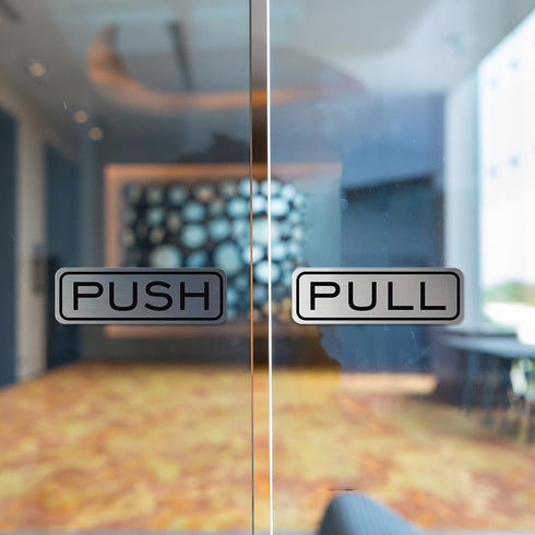 Quality Classic Horizontal Push Pull Door Signs - Durable Safety Signs (Brushed Silver) - Medium, 1 Set, Easy to Install