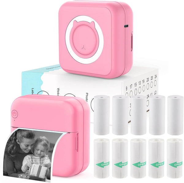 HUIJUTCHEN Inkless Mini Thermal Pocket Printer, Wireless Mini Sticker Printer with 10 Rolls