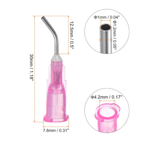 300pcs Blunt Tip Dispensing Needles, 18 Gauge 45 Degrees Bent Dispensing Tips 0.5" End Angled Dispenser Needle with Luer Elbow Blunt Needle for Oil or Glue Applicator, Pink