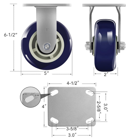 5"x 2" Heavy Duty Industrial Casters, Polyurethane on Polyolefin Casters, Loading Capacity up to 800 LB