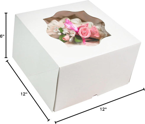 12 12 6 Inches, 10 Count Global Sugar Art Auto-Popup Extra Deep Square Cake Box with Window, White x x