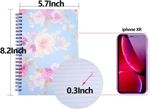 Yansanido Spiral Notebook, 4 Pcs A5 Thick Flower Design, Hardcover, 8mm Ruled, 80 Sheets - 160 Pages for Study
