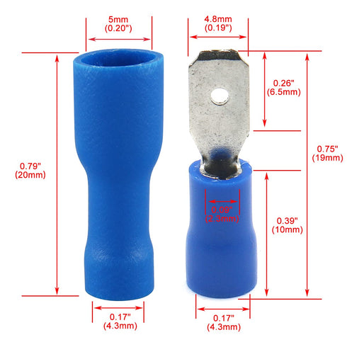 Baomain 0.187" Female & Male Spade Connectors, 16-14 AWG, Fully Insulated Crimp Terminals, Blue (200-Pack)