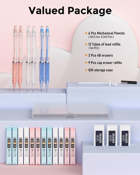 Nicpro 23PCS Pastel Mechanical Pencil 0.5 & 0.7 mm with Case, 12 Tubes HB Lead Refills, 3 Erasers for Student Writing