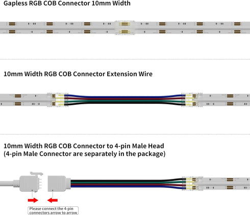 PAUTIX 10mm Connectors for COB RGB LED Strip Lights, 4 Pin, 4pcs Transparent Gapless and 3pcs Dual Ends