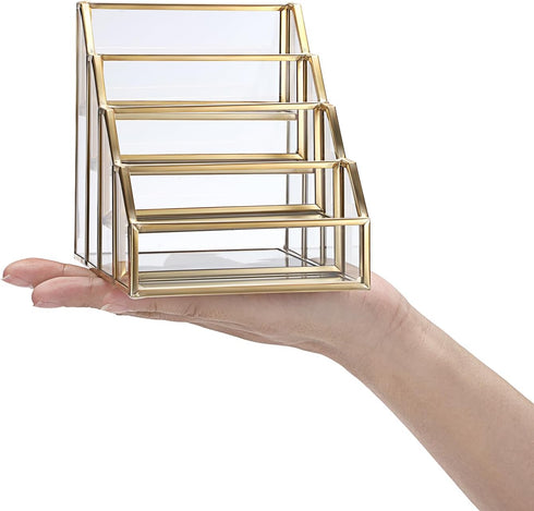 Hipiwe 4 Slots Glass Business Card Holder for Desktop, Gold Mirrored Business Card Display Stand, Multiple Clear