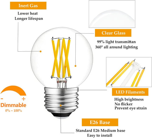Greeogin G16.5 Bulbs Dimmable, 6W E26 Bulbs,Warm 2700K,600lm,6W 60 Watt,G50 Bulb Bulb 5-Pack LED Light Edison White