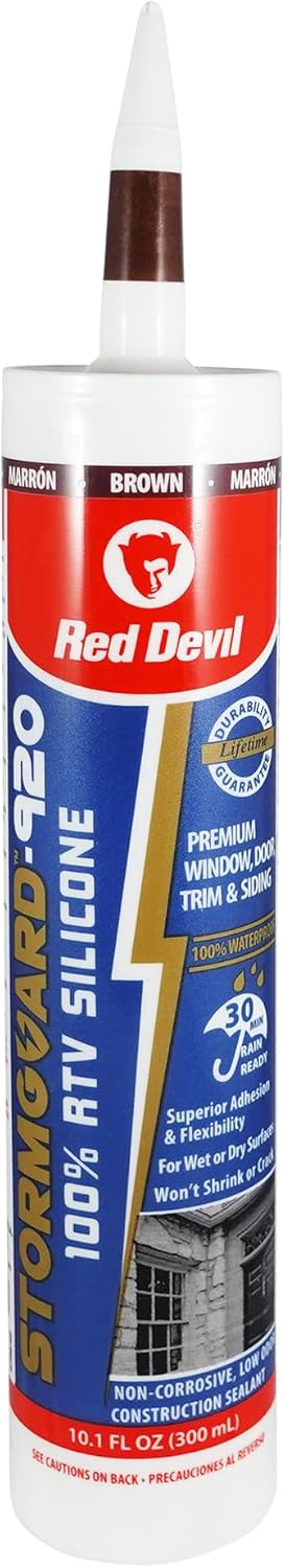 Red Devil 078040 StormGuard 920 100% RTV Silicone Window and Door Sealant, 10.1 oz Tube, Brown, Water-Resistant Adhesive
