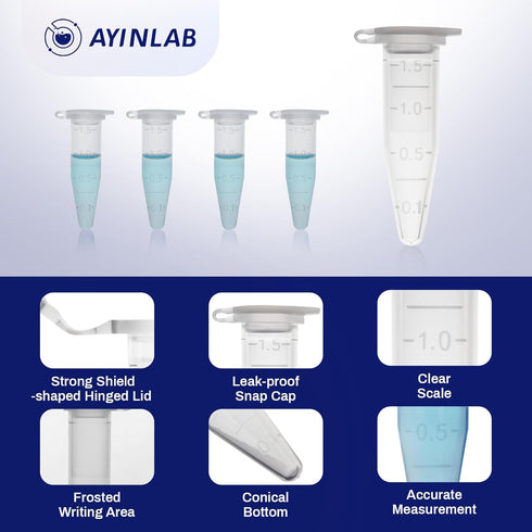 Microcentrifuge Tubes 1.5ml, AyinLab 500pcs Polypropylene Plastic Tubes with Leak-Proof Snap Caps