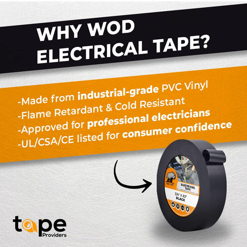WOD ETC766MS Black Electrical Tape, 4 inch x 66 ft, UL/CSA/CE Listed, Rated up to 600V and 176°F