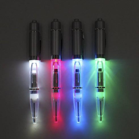 Glovion LED Pen Light Pack of 4 - LED Writing Pens with Black Ink - White/Red/Blue/Green Color
