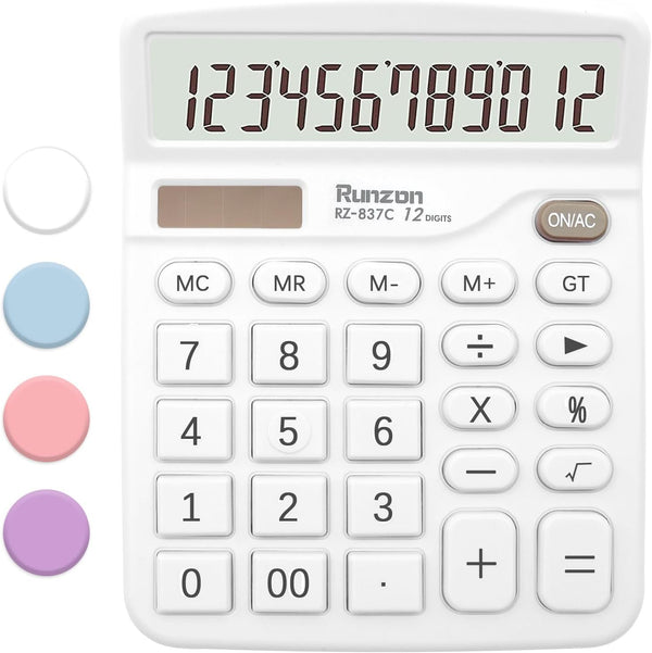 White Calculator, Basic Office Calculator with 12 Digit Large LCD Display, Sensitive Button for White Office Supplies
