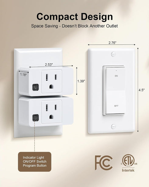 200FT 15A/1875W Remote Control Outlet, Decorator Rocker Wall Switch, Long Range Wireless Light Switch, Mini Remote