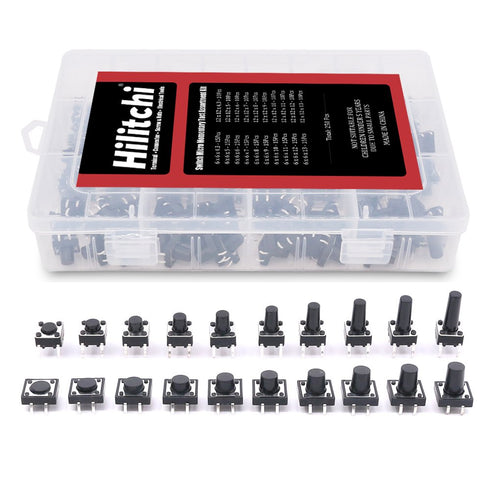Hilitchi 250-Pcs 6 x 6mm 12 x 12mm Tactile Push Button Switch Micro Momentary Assortment Kit
