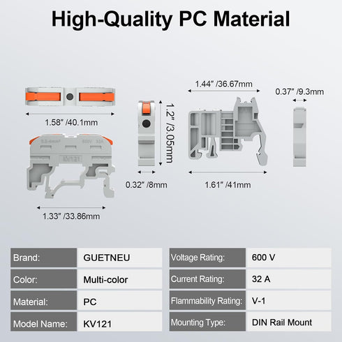 KV121 600V 32A 24-12 12.6 Terminal Block Kit, AWG Compact Lever Wire Connectors, DIN Rail Included, Quick Wiring