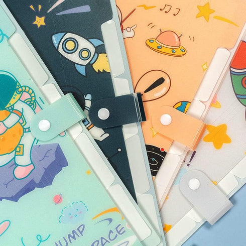 Cute File Folder - 5 Pockets - Astronauts Universe Space Rocket A4 Accordion Expanding Organizer (Blue)