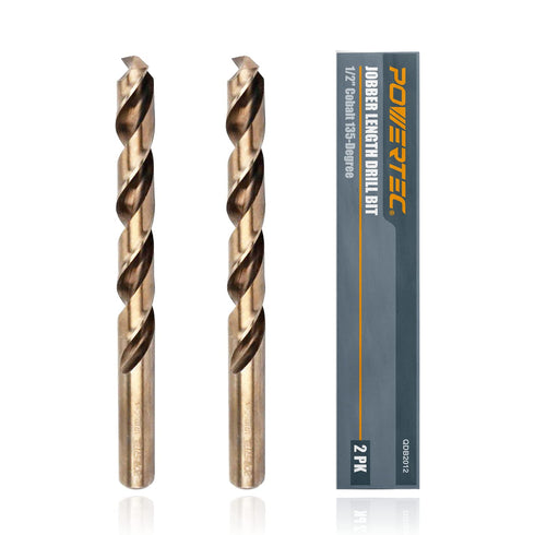 POWERTEC 1/2" Cobalt Drill Bits, 2 Pack, 6" Length, M35 HSS Jobber Length Twist Bits for Wood, Metal