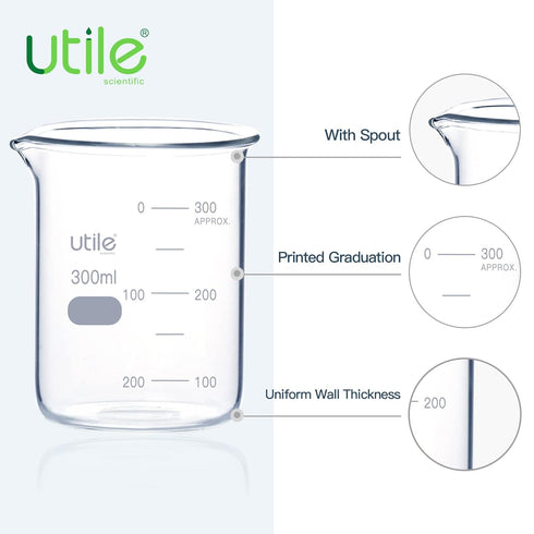 Utile 300ml Low Form Glass Beakers, 10 Pcs Borosilicate 3.3 Glass with Printed Graduation