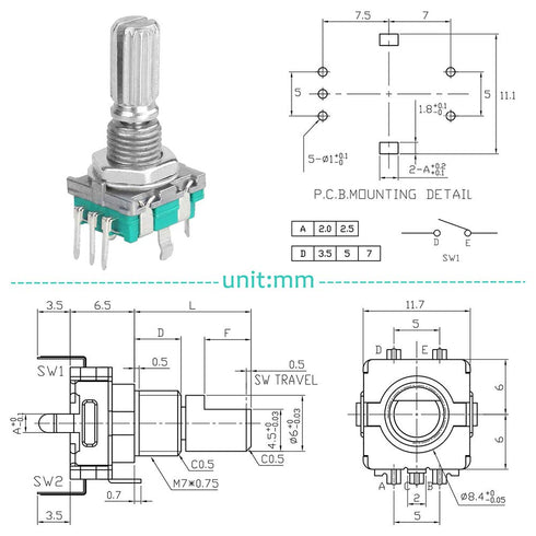 5 Set 360 Degree Rotary Encoder Code Switch - Push Button EC11 Digital Potentiometer with 20mm Handle Length