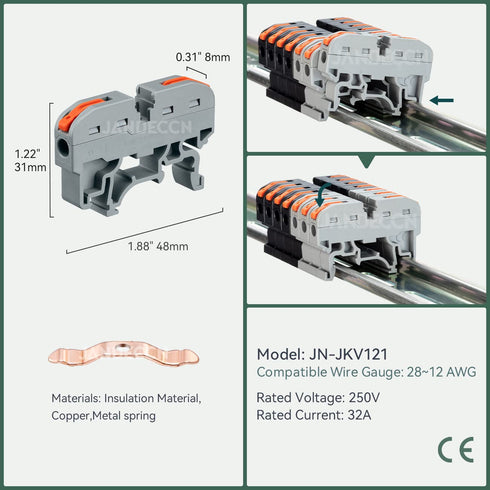 DIN Rail Terminal Blocks Kit, 20pcs Universal Compact Wire Connectors with 2 Connection Bars and 20 Screws for 24-12 AWG