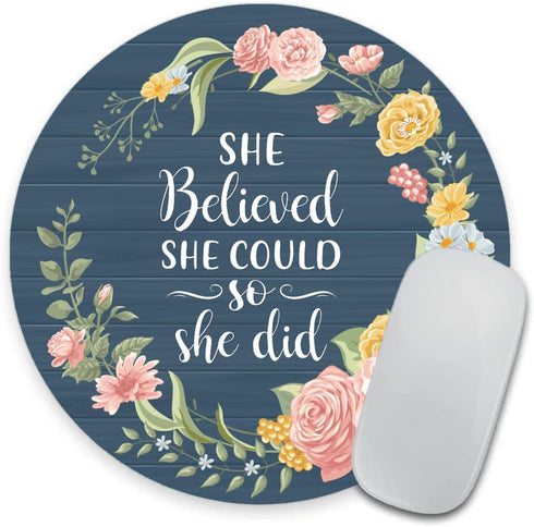 Gaming Mouse Pad with Inspirational Quotes, She Believed She Could So She Did, Vintage Floral Rustic Wood Design