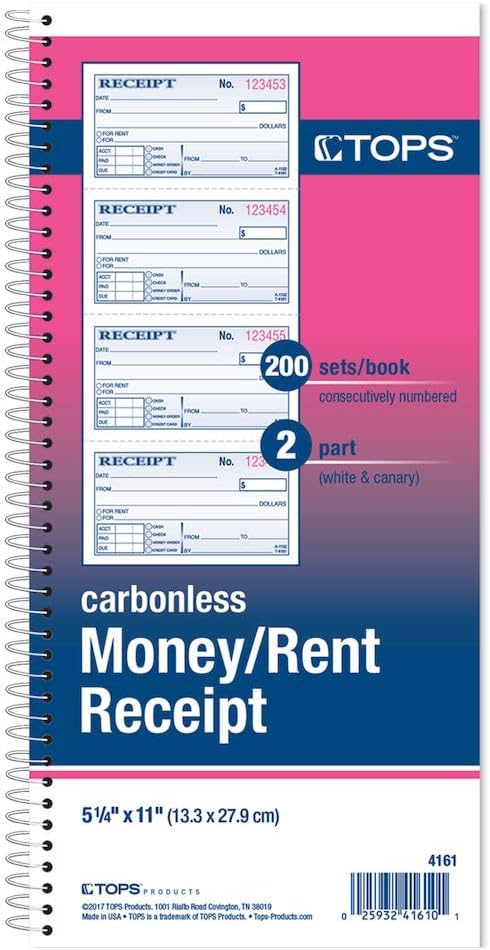 Tops Money/Rent Receipt Book, 2-Part, Carbonless, 11 x 5.25 Inches, 4 Receipts/Page, 200