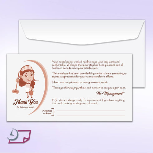 Thank You Tip Envelopes for Hotel and Motel | Housekeeping Gratitude | 3-1/2" X 6-1/2" | Bright White | 100 Pack