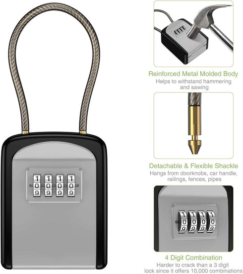 KeeKit Key Lock Box - Safe Lock Box for Keys with Removable Chain, Waterproof 4 Digit Combination Key Storage, 5 Key