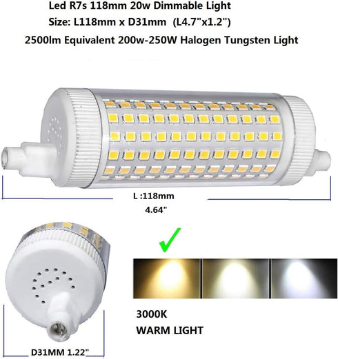 20W Dimmable LED R7s 118mm, 2500lm Equivalent 200W Halogen, Warm White 3000K, 2PCS Double Ended J J118
