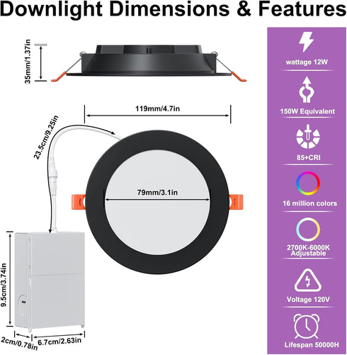 4 Inch 12W Box,1080 Alexa,Dimmable -1Pack SikSog Black Smart Recessed Lighting RGBCW Color Changing LED Downlight