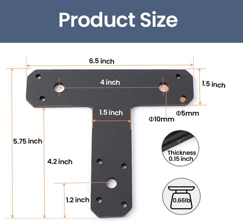 IWONGO 6.5" x 5.7" T Plate Post to Beam Bracket, 6 PCS, 4mm Thickness for Repairing, Fixing, Connecting