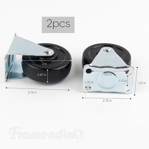 Framendino, 2 Pack Rubber Caster Wheels Fixed Black Casters with Rigid Non-Swivel Top Plate for Furniture 3 Inch