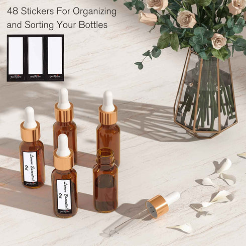 PrettyCare 15 ml Eye Dropper Bottle, 24 Pack Amber Glass Bottles with Golden Caps, Pipettes, Labels, Funnels.