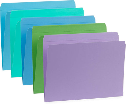 Blue Summit Supplies 100 Pack Straight Cut File Folders, Assorted Blue, Green, Purple, Letter Size, Single Tab