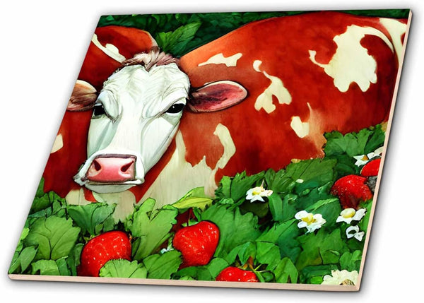 3dRose Dairy Cow in the Strawberry Patch 8 Inch Ceramic Tile