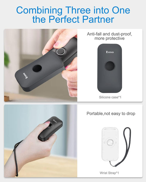 Eyoyo Mini Bluetooth Barcode Scanner with Case, 3-in-1 Portable Bar Code Reader, Bluetooth & USB Wired & 2.4G Wireless,
