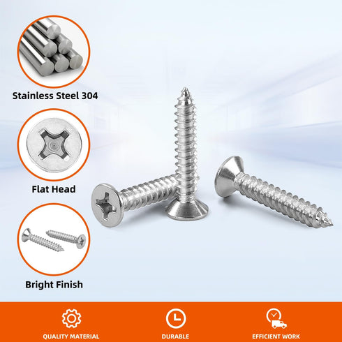#6 x 3/8" Flat Head Sheet Metal Screws, Self Tapping, Stainless Steel 18-8 (304), 100 PCS
