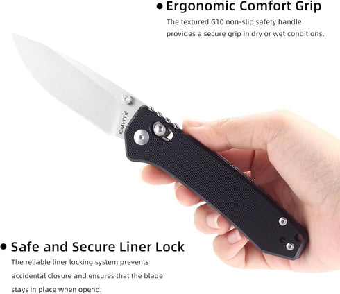 Pocket Folding EDC Knife: 3.14" D2 Steel Sharp Blade, G10 Scales, Crossbar Axis Lock, Reversible Clip, Black, Great