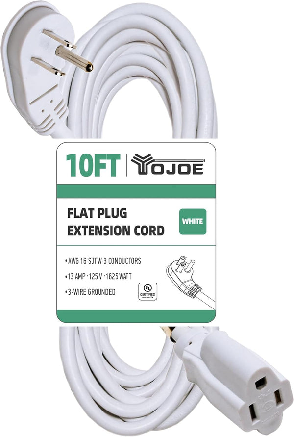 YOJOE Flat Plug Extension Cord 10ft, 3 Prong Short Heavy Duty Cord for Kitchen, Office, Appliance, UL Listed, White