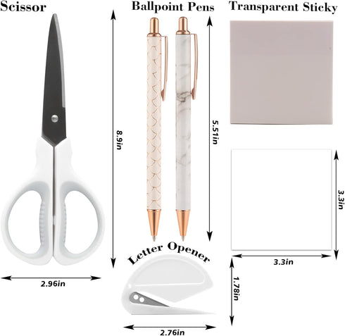 Shellvcase White Office Supplies Set - Stapler, Tape Dispenser, Staple Remover, Staples, Clips, Scissors, and Pens for